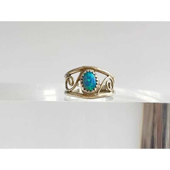 Blue Opal Open Work Southwest Style Sterling Silver 925 Vintage Ring - sz 5.5 - Picture 2 of 16